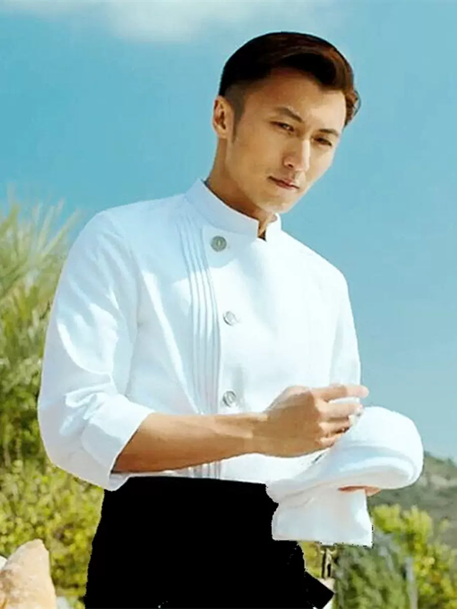 Nicholas Tse cùng phong cách đồng phục đầu bếp dài và tay ngắn khách sạn phương Tây bánh nướng trắng quần áo làm việc nhà bếp nguyên chất cotton mùa hè áo đầu bếp may sẵn