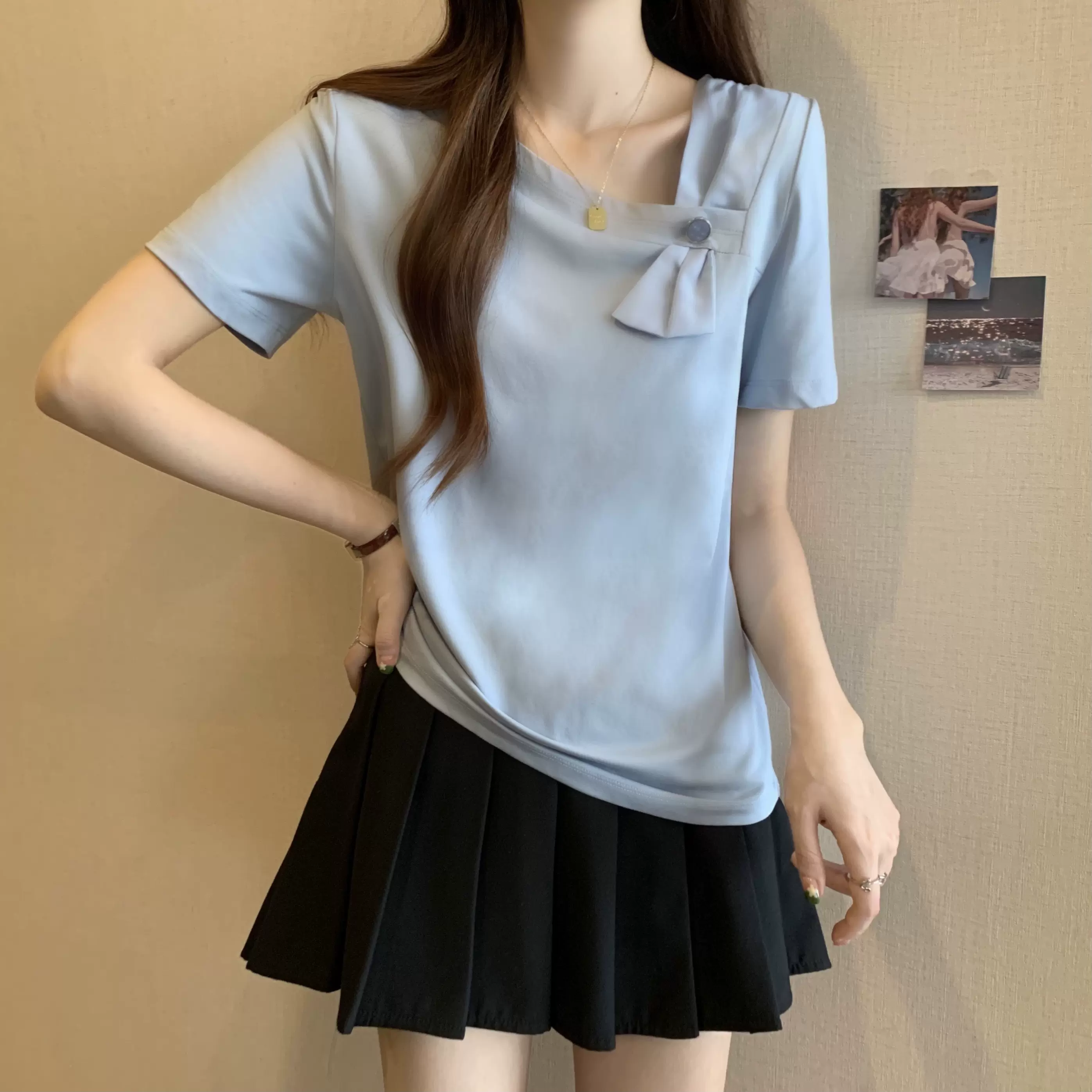 夏季大码法式蝴蝶结高级感短袖t恤女胖妹妹显瘦遮肚正肩斜领上衣-Taobao 