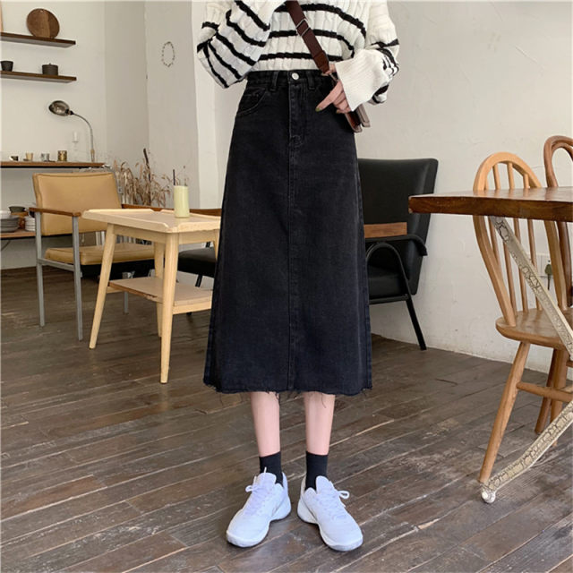 Spring and Autumn New denim skirt mid-length large size high-waisted A-line skirt 200Jin [Jin equals 0.5 kg] Retro versatile slimming one-step skirt