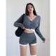 liviahome retro hot girl slim lace splicing short long sleeve knitted cardigan women's high waist shorts suit
