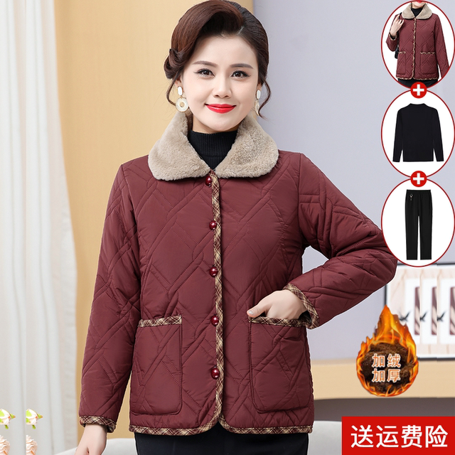Mother's autumn and winter thin cotton-padded coat plus velvet warm cotton coat, fashionable middle-aged and elderly women's spring and autumn small cotton-padded jacket