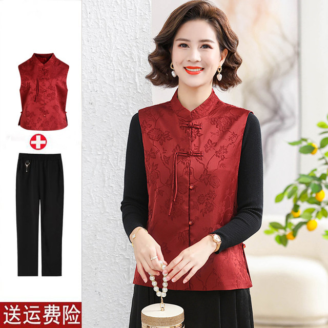 Mom's autumn clothes retro style Tang suit vest jacket fashionable middle-aged and elderly women's spring and autumn vest fashionable horse clip top