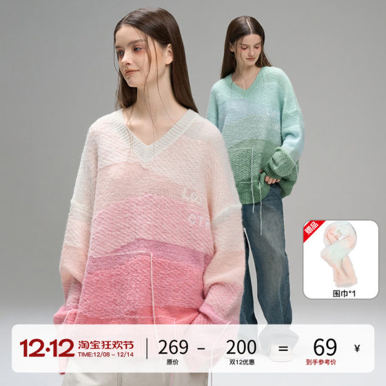 
LOSTCTRL Color Decay V-neck Tassel Gradient Sweater Men and Women Loose Autumn and Winter Lazy Style Knitted Sweater