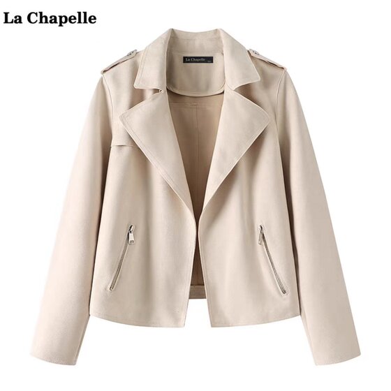 La Chapelle vintage suede short jacket for women's autumn new lapel motorcycle jacket