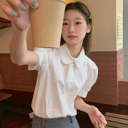 White Shirt for Women, Summer, Age-Reducing, College Style, Japanese Sweet Top, Design Sense, Loose Fit, Doll Collar, Short-Sleeved White Shirt