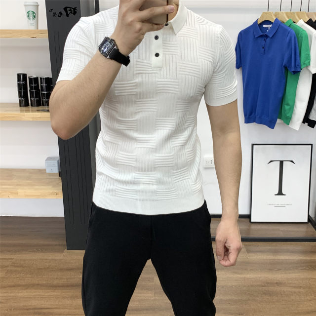 Summer Men's Cotton Flat Machine Collar Ice Silk Knitted T-Shirt Slim ...