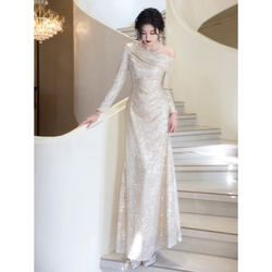 Evening Dress for Women 2025 New Style Silver Shiny High-End Long-Sleeve Host Annual Meeting Dress Light Luxury Niche