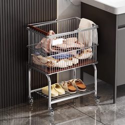 Used Double-Layer Laundry Basket, Clothes Storage Bin, Small Cart, Storage Rack, Household Bathroom Mobile Laundry Hamper