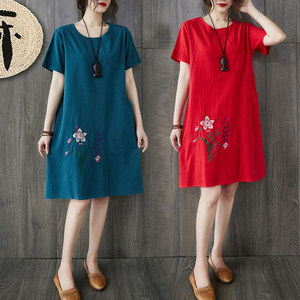 Flower embroidered cotton and linen dress summer fat mm large size women's mid-length belly-covering short-sleeved linen A-line skirt
