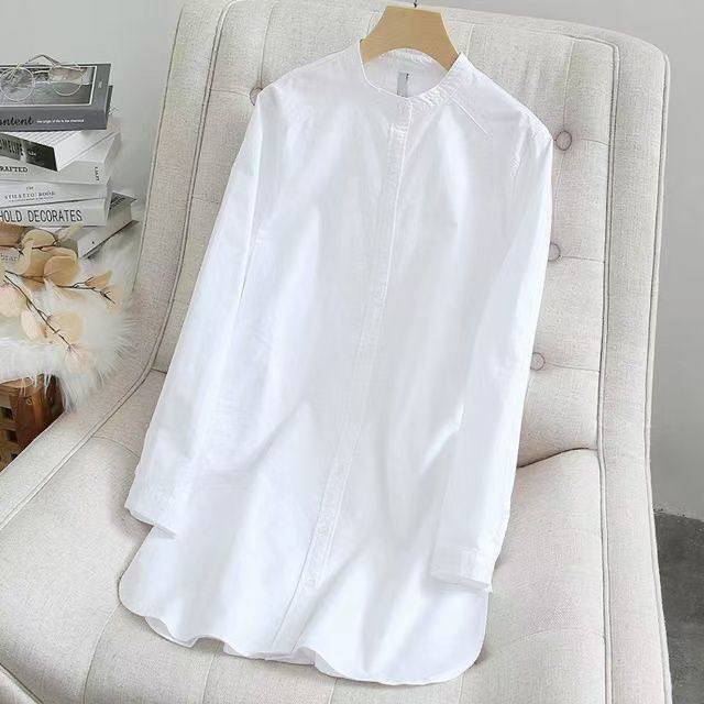 French high-end white long-sleeved shirt for women 2025 spring loose slim stand collar mid-length sunscreen cardigan top
