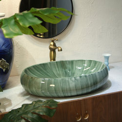 Emerald Green Ceramic Oval Countertop Washbasin Bathroom Countertop Basin Balcony Washbasin High-End Outdoor Washbasin
