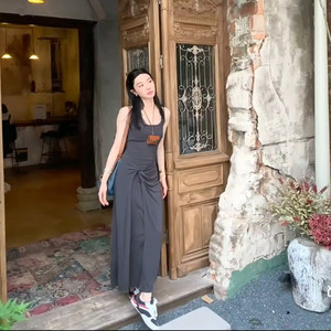 
[Cotton rib high quality] U-neck suspender dress women's summer new style waist slimming hot girl long skirt strappy skirt