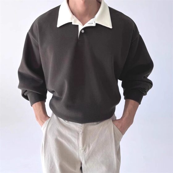 
Old money style fake two-piece polo shirt for men with atmospheric splicing and contrasting color long-sleeved lapel T-shirt American tennis sweatshirt trendy