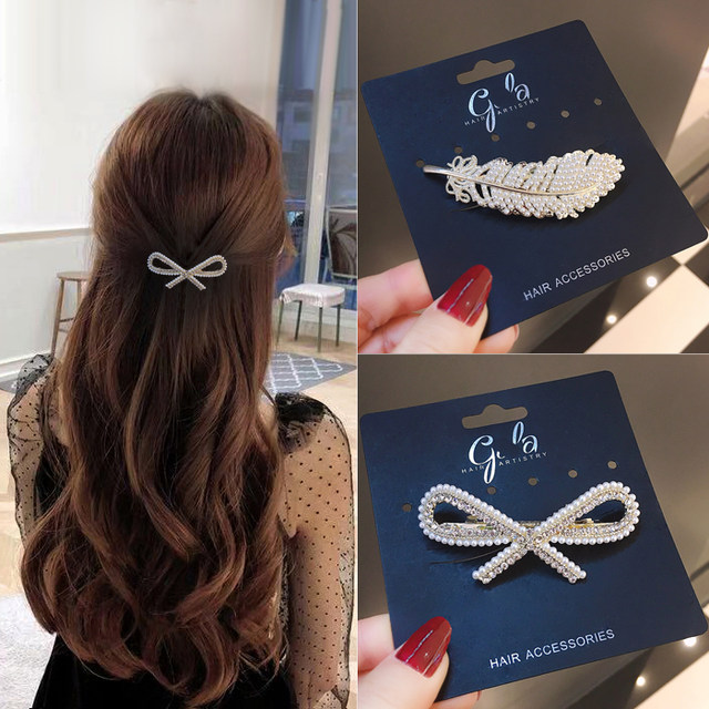 
Korean-style bow-knot spring clip on the back of the head, top clip, one-word clip, fashionable imitation pearl hairpin, horizontal clip, versatile hairpin