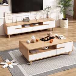Tv Cabinet for Living Room, Suitable for Small Apartments, Modern Minimalist Coffee Table Set, Natural Wood Color, Rounded Corners, Solid Wood Legs, Tv Cabinet