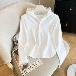 Guangzhou Thirteen Rows Popular Women's High-End French Lace Patchwork Hooded T-Shirt Autumn Korean Style Sweatshirt Base Shirt