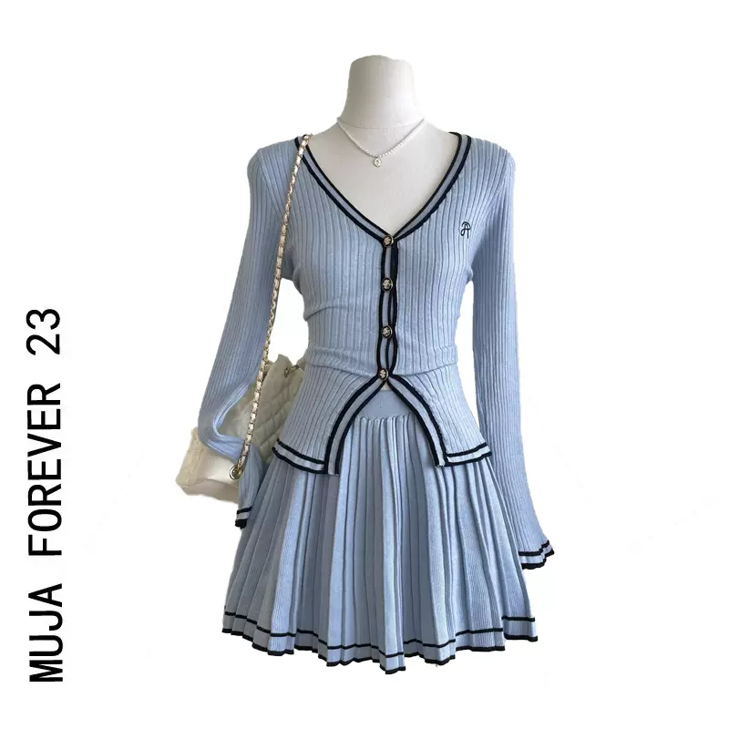 秋装搭配一整套小香风针织套装百褶裙子两件套早秋季2023新款女装-Taobao
