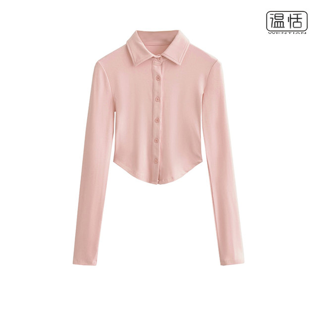 American retro Polo collar single-breasted long-sleeved shirt for women slim hot girl curved hem short T-shirt