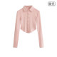 American retro Polo collar single-breasted long-sleeved shirt for women slim hot girl curved hem short T-shirt
