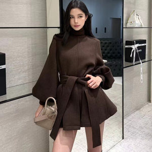 
V.N Wayne Korean version 2025 new lantern sleeve lace-up waist-closing mid-length wool trench coat for women