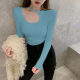 Milk Blue Pir -Celasi Jersey unique early autumn sexy long -sleeved T -shirt female slim -fitting neck bottom shirt