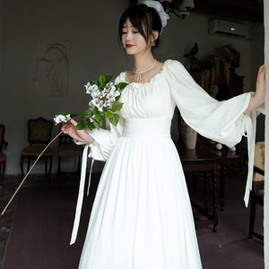 
Miai Original <Little White Skirt> French retro texture jacquard high waist lantern sleeve white big sway dress autumn