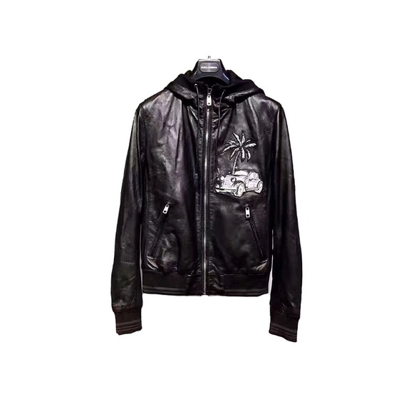 
RC European goods D style hooded casual vacation jacket genuine leather leather jacket men's car tree embroidered logo hooded jacket