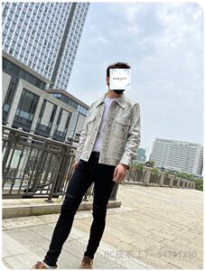 
RC European goods D family style pure imported Turkish python pattern sheepskin wide-angle collar denim jacket leather jacket raglan sleeves