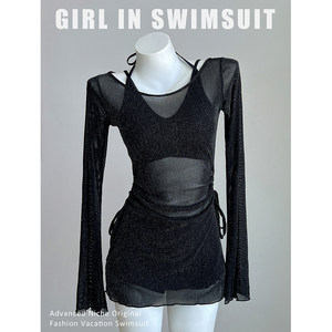 
Black bright silk sexy perspective long sleeves shirt split swimsuit women's small breasts without empty cups high-end vacation bikini