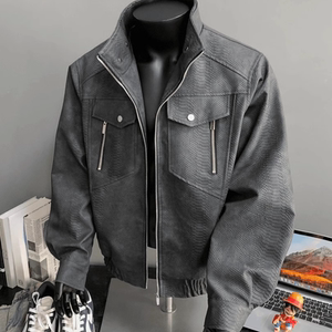 2025 spring and autumn short style handsome snake scale silhouette leather jacket men's loose stand collar motorcycle style PU leather jacket
