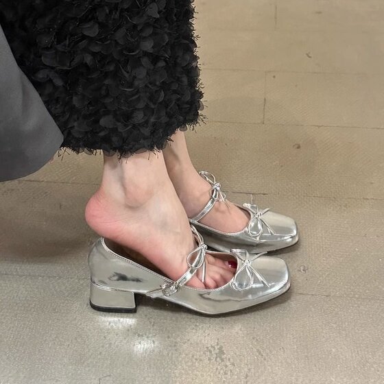 
Silver French Mary Jane shoes square toe 2026 new style bow temperament ballet shoes leather shoes silver small leather shoes