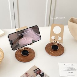 Retro Imitation Wood Grain Metal Mobile Phone and Tablet Computer Universal Desktop Stand with Adjustable Angle, Foldable and Rotatable