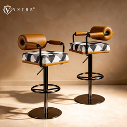 Italian-Style High-End Genuine Leather Bar Stools, Modern Minimalist Adjustable Rotating High Stools, Stainless Steel Island Chairs
