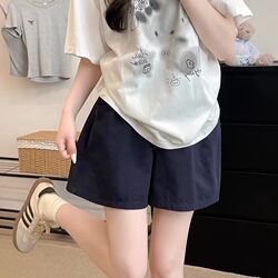 Navy Blue Sports Shorts for Women, Summer High-Waisted, Loose Fit, Petite Casual Wide-Leg Cotton-Linen Running Shorts, Five-Point Length