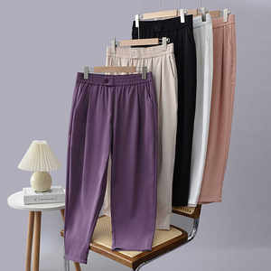 Large size women's pants spring and summer loose waist, loose waist and thin, a buckle, hallet pants fat mm nine -point suit casual pants
