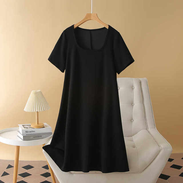Large-size French temperament square collar black dress summer high-end mid-length fashion age-reducing short-sleeved T-shirt skirt