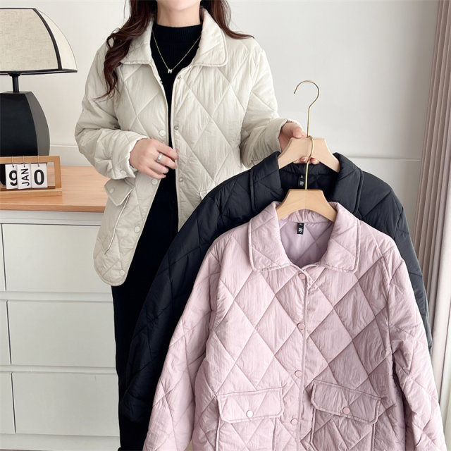 Autumn and winter new female light loose warm padded jacket large size fat MM lapel diamond -shaped grid pressure line small cotton jacket jacket
