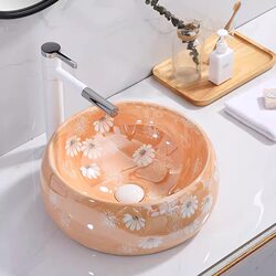 Ceramic Countertop Basin with Chinese Chrysanthemum Painting Art Washbasin for Home Bathroom, Guesthouse, Balcony, Hotel