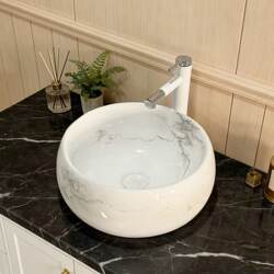 Marble-Patterned Ceramic Art Basin for Balcony, Bathroom, Tea Room, Countertop Basin, Hotel Creative Style Washbasin with a High-End Feel
