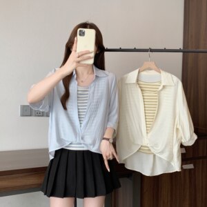 Fashionable street design splicing fake two-piece vest half-sleeved shirt women's summer large size slightly fat mm loose top