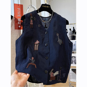 
Extra large size 300*0.5kg embroidered linen vest vest for men and women thin waistcoat casual V-neck cotton and linen vest cardigan summer