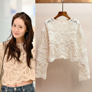 
Lin Yun's same style French hollow crocheted pullover sweater for women, spring off-white loose slimming short thin sweater top