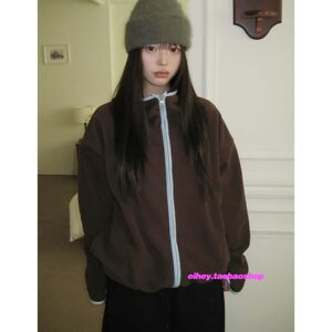 
eihey early spring retro niche contrasting loose and simple polar fleece hooded sweatshirt casual long-sleeved jacket