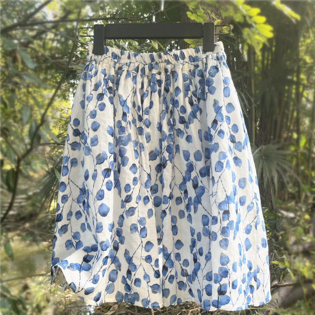 Homemade 2025 spring and summer new cotton and linen half-body short skirt for women's printed A-line skirt a-shaped fresh and versatile inner lining