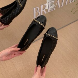 
MUMU small fragrant style square toe chain rhombus single shoes for women black slip-on inner heightening versatile commuting shoes