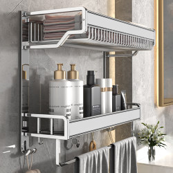 Bathroom Towel Rack, Towel Holder, Storage Rack, All-In-One, No-Drill Wall-Mounted Bathroom Toilet Bathroom Set, Space Aluminum