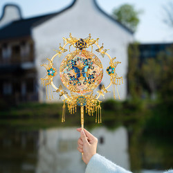 2025 New Style Round Fan for Wedding Bride, Original Handmade Butterfly Gold Xiuhe (Traditional Chinese Wedding Dress) Wedding Material Kit, Finished Wedding Fan