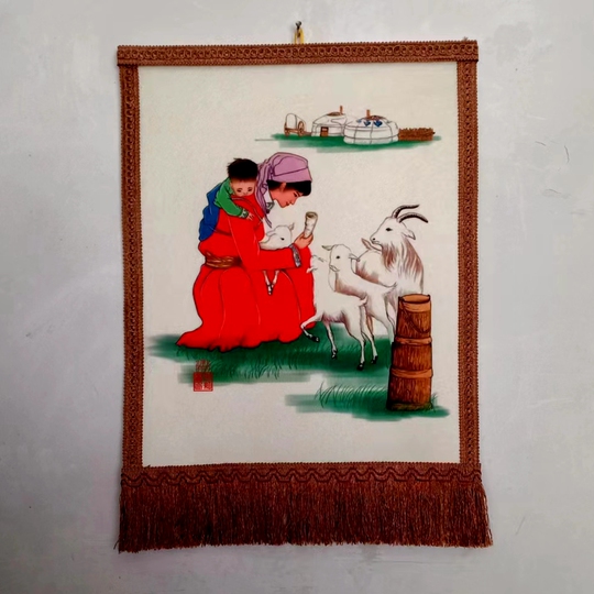 【2点セット】モンゴル 壁飾り / チンギス・カン ＆ 四匹の和合する動物 モンゴルフェルト絵画 チンギスハーン 壁飾り - 内モンゴル工芸品