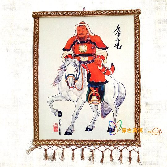 【2点セット】モンゴル 壁飾り / チンギス・カン ＆ 四匹の和合する動物 モンゴルフェルト絵画 チンギス・ハン クラフト 壁飾り - 内モンゴル様式