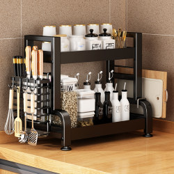 Kitchen Condiment Storage Rack, Household Countertop Double-Layer Oil, Salt, Sauce, and Vinegar Organizer, Multifunctional Seasoning and Knife Holder
